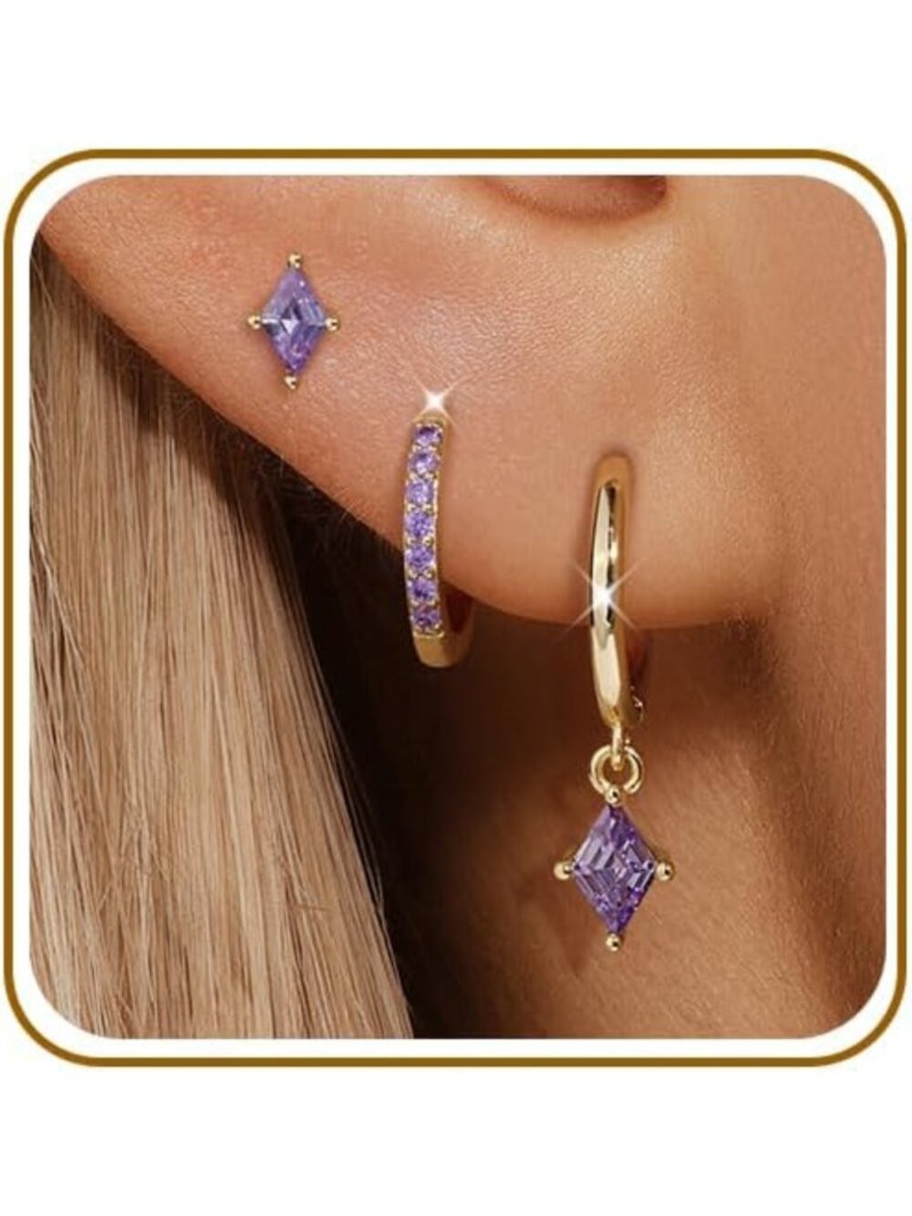 Set of 3 Pairs Colored CZ Hoop Earrings - 925 Sterling Silver for Women